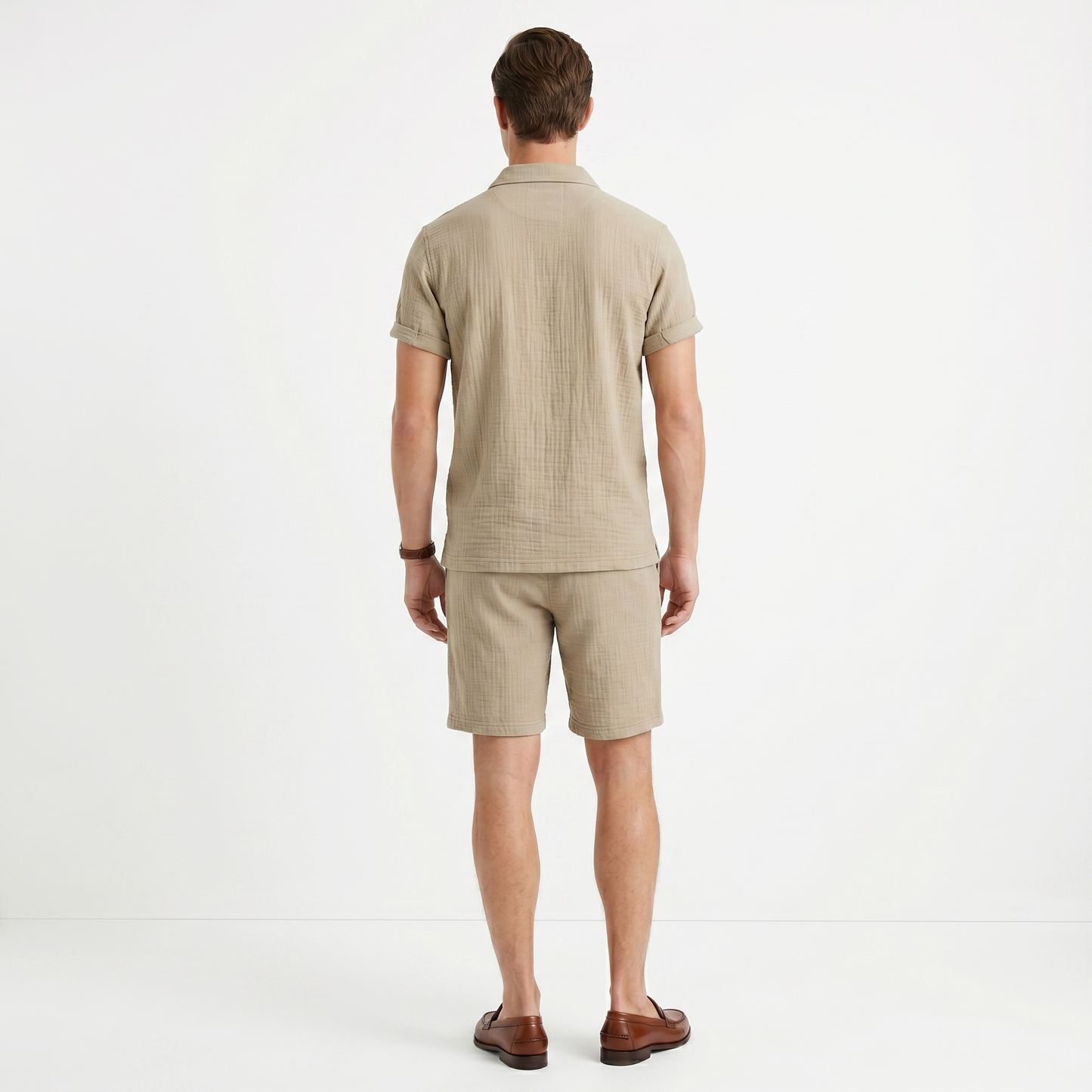 Men’s Linen Blend Short Sleeve Polo and Shorts Set - Regular Fit Woven 2-Piece Summer Outfit