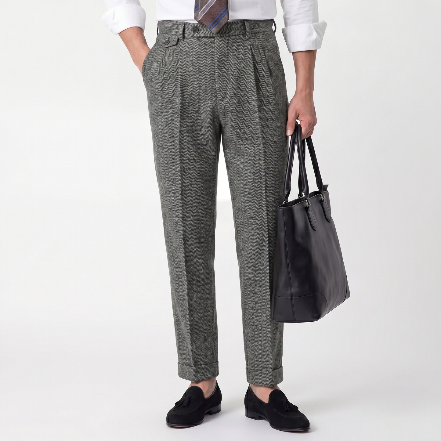 Men’s Grey Textured Pleated Trousers – Slim Fit High Waist Smart Casual Pants Lightweight