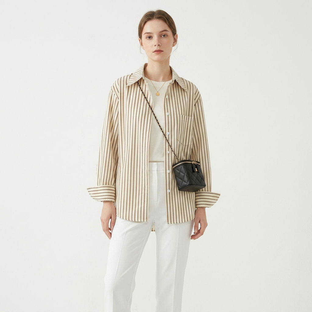 Women's Loose Fit Striped Button-Down Shirt - Lightweight Long Sleeve Lapel Blouse for Spring & Summer