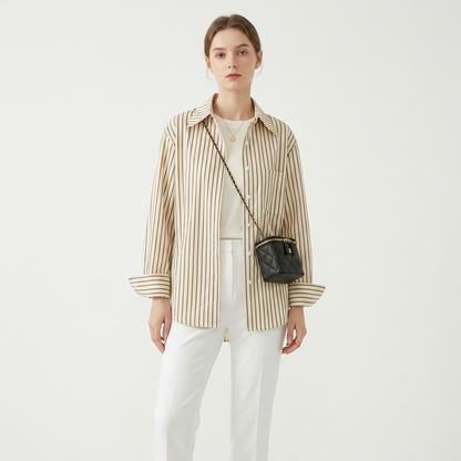 Women's Loose Fit Striped Button-Down Shirt - Lightweight Long Sleeve Lapel Blouse for Spring & Summer