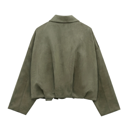 Women's Elegant Faux Suede Bomber Jacket - Lightweight Spring Transition Zip-Up Coat - Olive Green, Regular Fit