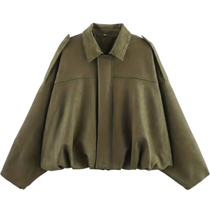 Women's Elegant Faux Suede Bomber Jacket - Lightweight Spring Transition Zip-Up Coat - Olive Green, Regular Fit