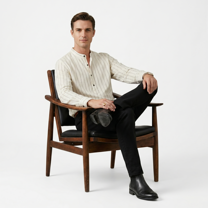 Men's Relaxed Fit Striped Linen Blend Shirt - Breathable Stand Collar Long Sleeve Henley Blouse for Spring & Summer