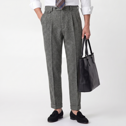 Men’s Grey Textured Pleated Trousers – Slim Fit High Waist Smart Casual Pants Lightweight