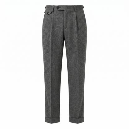 Men’s Grey Textured Pleated Trousers – Slim Fit High Waist Smart Casual Pants Lightweight
