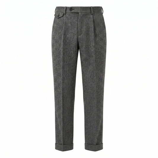Men’s Grey Textured Pleated Trousers – Slim Fit High Waist Smart Casual Pants Lightweight