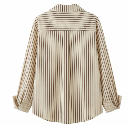 Women's Loose Fit Striped Button-Down Shirt - Lightweight Long Sleeve Lapel Blouse for Spring & Summer