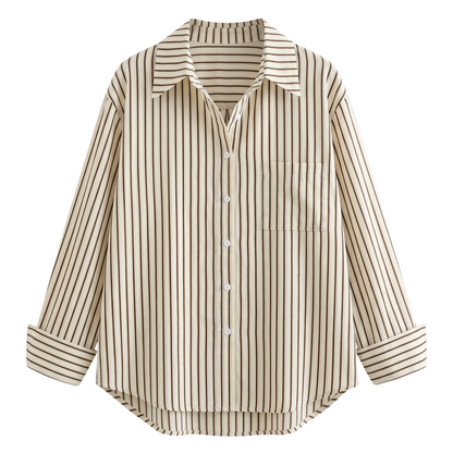 Women's Loose Fit Striped Button-Down Shirt - Lightweight Long Sleeve Lapel Blouse for Spring & Summer