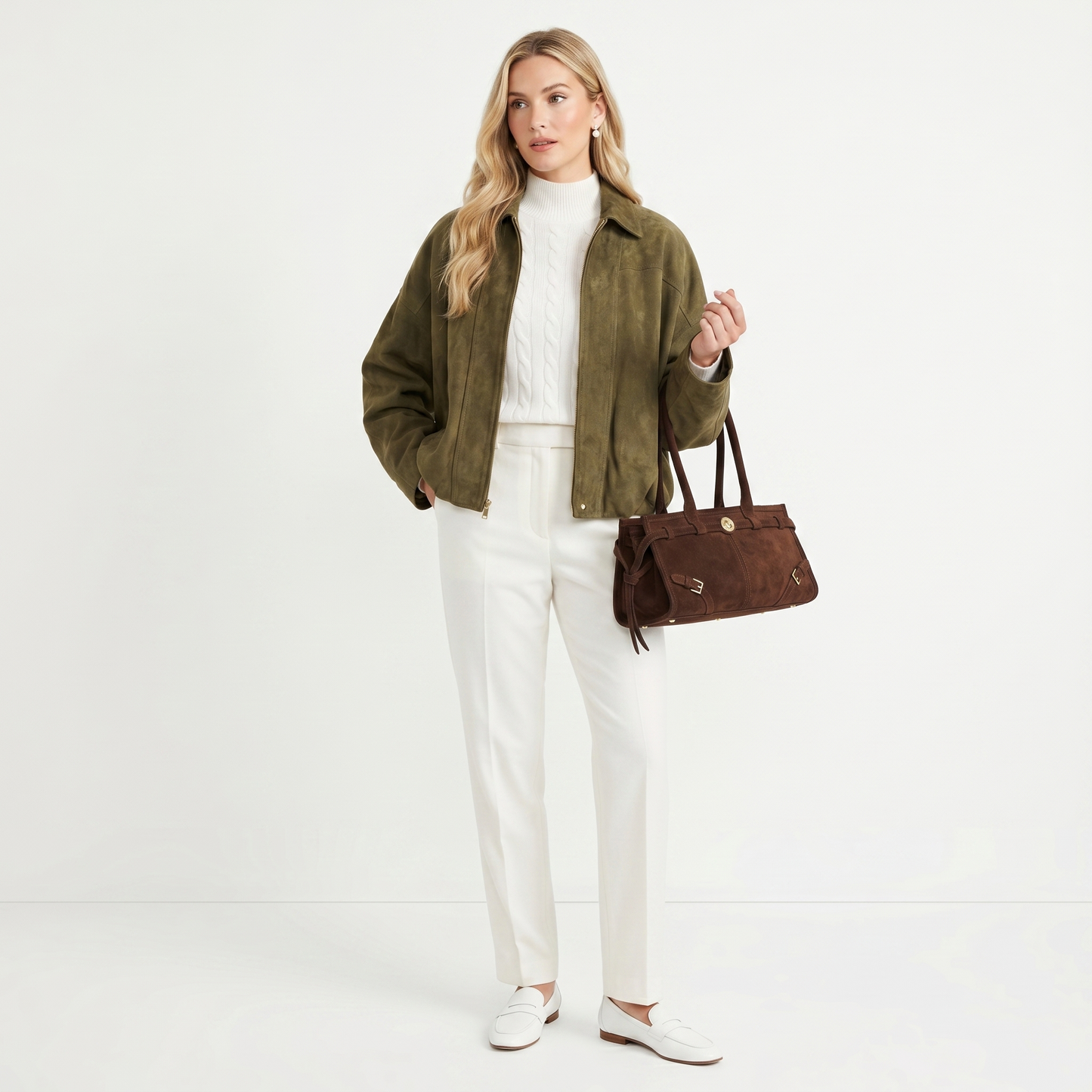 Women's Elegant Faux Suede Bomber Jacket - Lightweight Spring Transition Zip-Up Coat - Olive Green, Regular Fit
