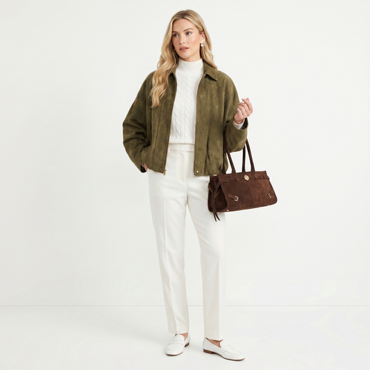 Women's Elegant Faux Suede Bomber Jacket - Lightweight Spring Transition Zip-Up Coat - Olive Green, Regular Fit