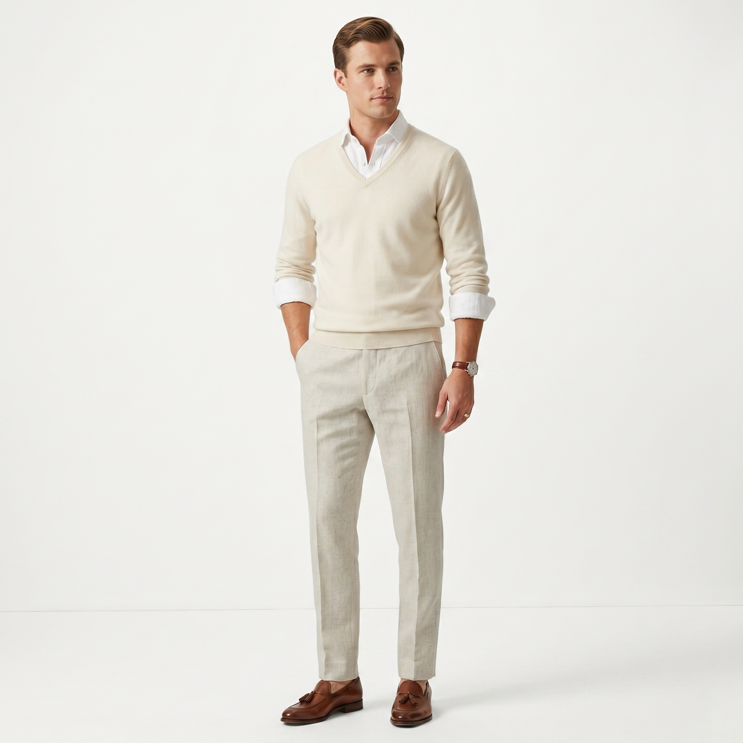 Men’s Linen Viscose Blend Regular Fit Work Trousers - Breathable Spring Summer Slacks