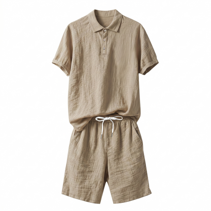 Men’s Linen Blend Short Sleeve Polo and Shorts Set - Regular Fit Woven 2-Piece Summer Outfit