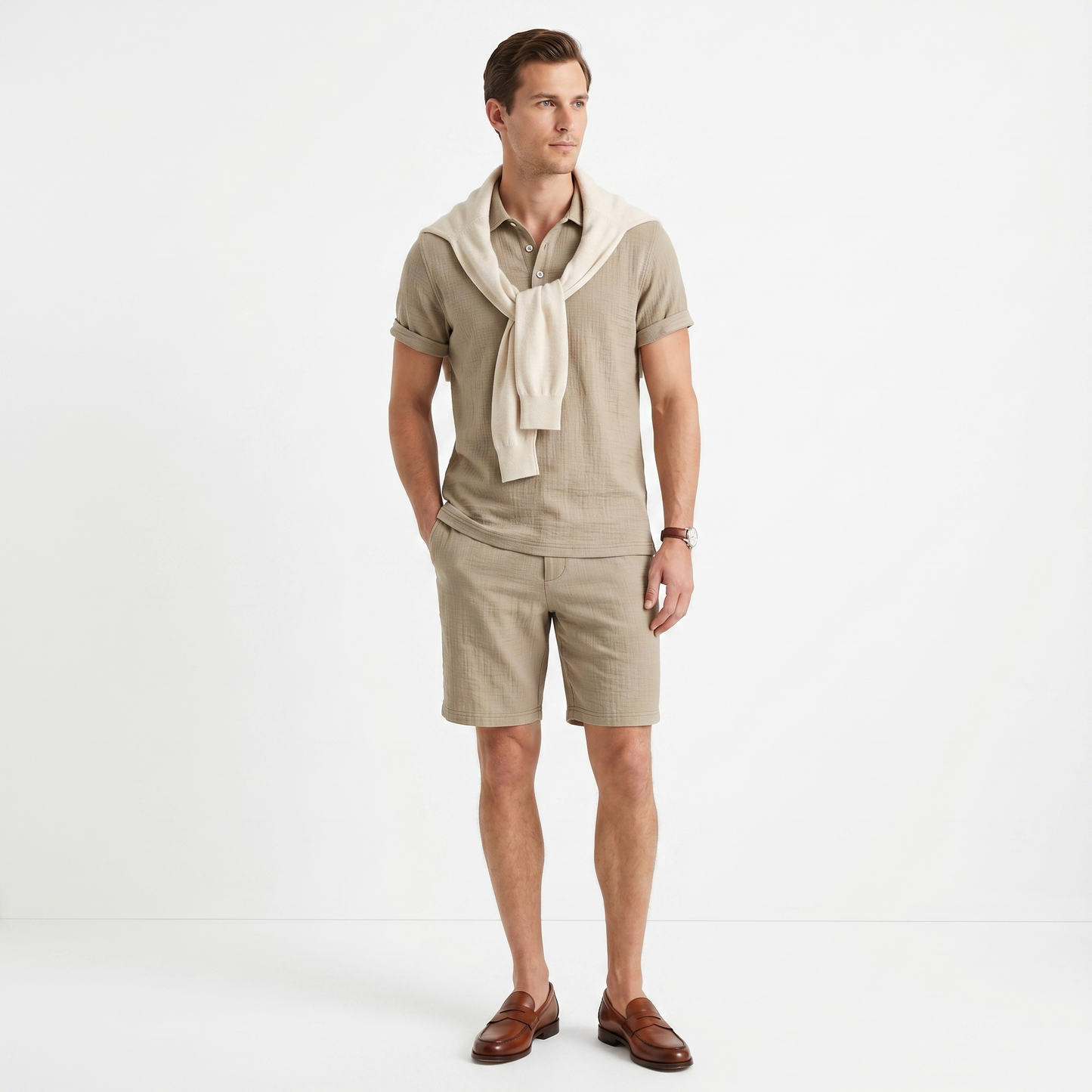 Men’s Linen Blend Short Sleeve Polo and Shorts Set - Regular Fit Woven 2-Piece Summer Outfit