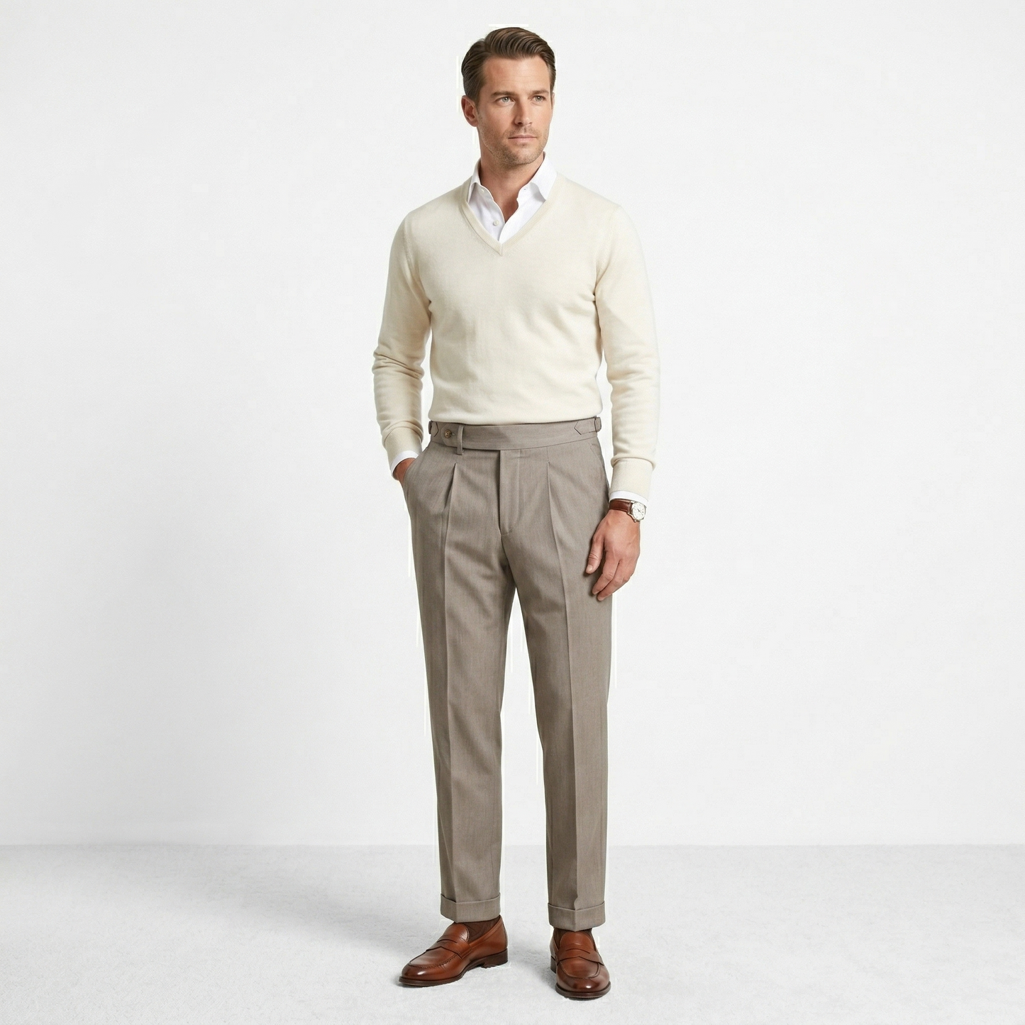 Men’s Light Beige Pleated Dress Pants – High Waist Straight Fit Summer Trousers
